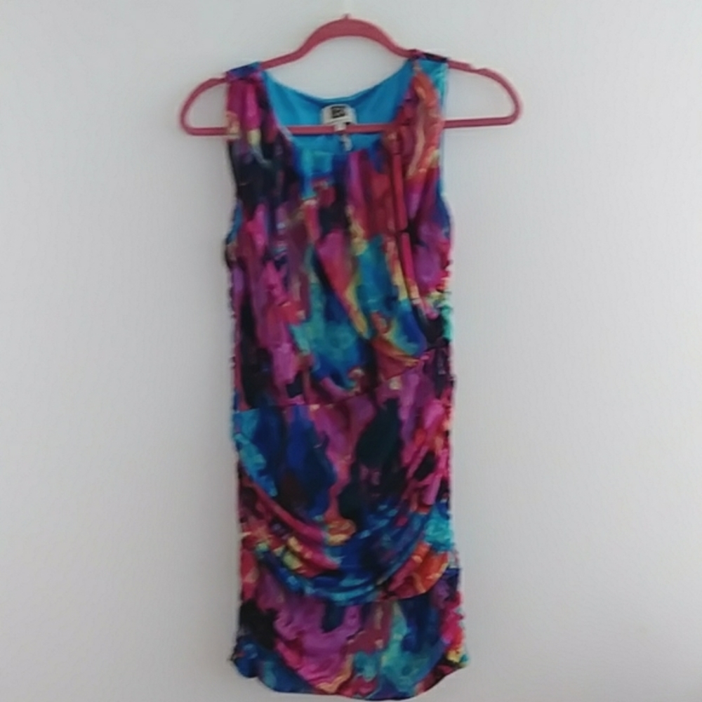 Beautiful, ruched, multi-colored ,polyester,  size 8, mini-dress (not too short)